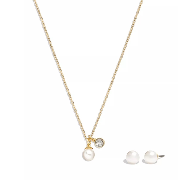 COACH Glass Pearl and Pave CZ Necklace Earrings set in Gold NWT $125 - Picture 4 of 6